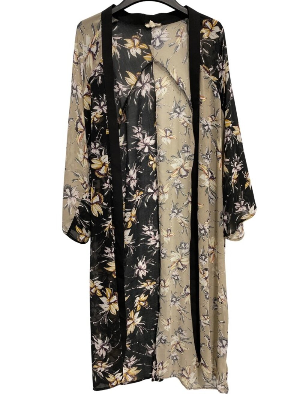 Mystree Kimono Cardigan Duster One Size Floral Open Front Beige Black Boho Chic